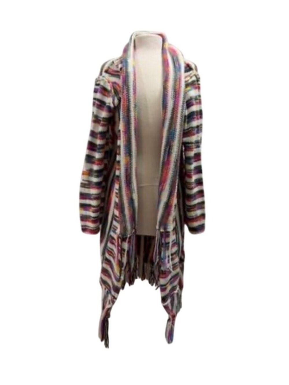 POL Multicolor L Fringe  Long Knit Duster Cardigan Open-Front Striped Bohemian